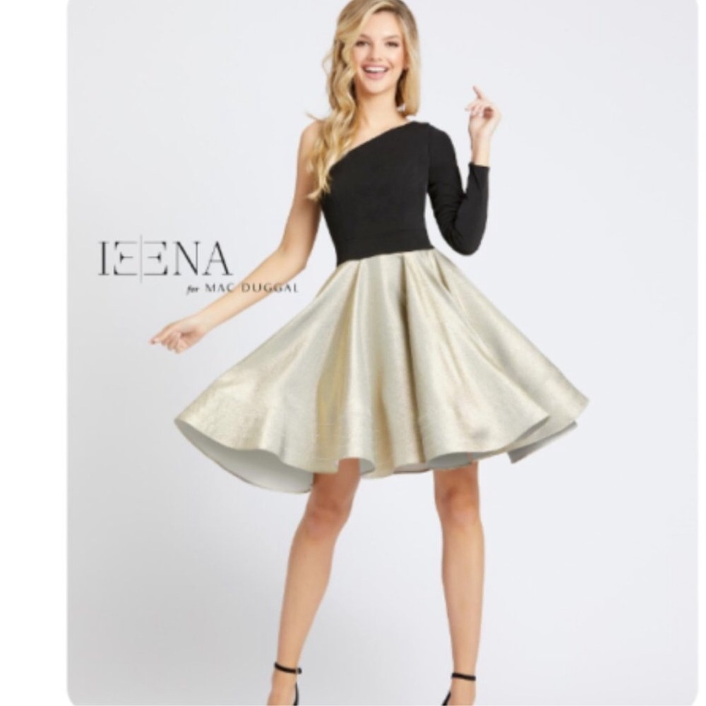 Mac Duggal One Shoulder black gold skaters dress